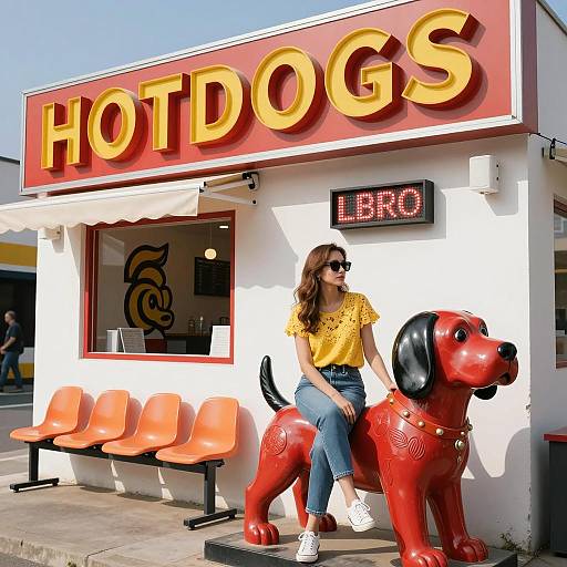 Sunny Day with Woman and Dog Statue