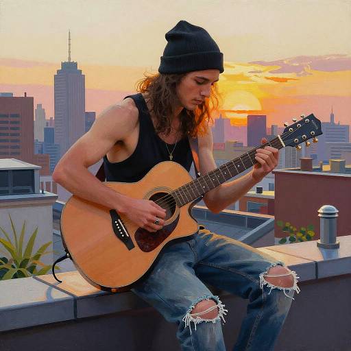 Surreal Guitarist on Rooftop Sunset
