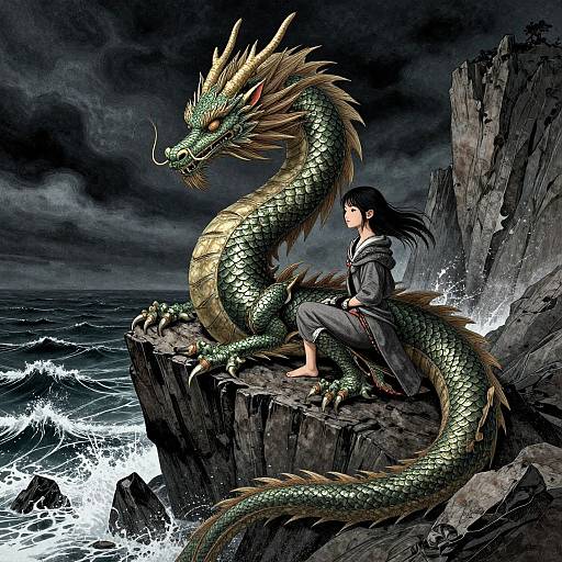 Digital artwork of a black-haired woman in a gray robe sitting on a rocky cliff with a green, gold-scaled dragon beside her, stormy sea