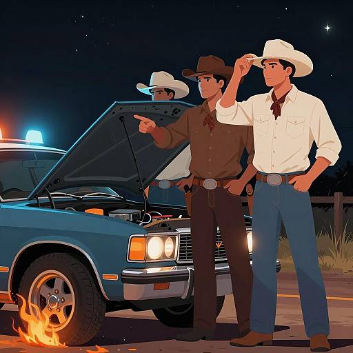 Cowboys with Car Under Starry Sky
