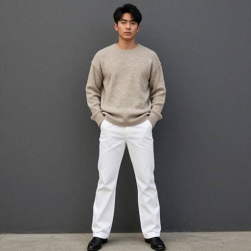 Photograph of an Asian man with short black hair, wearing a beige sweater, white pants, and black shoes, standing against a dark gray wall with