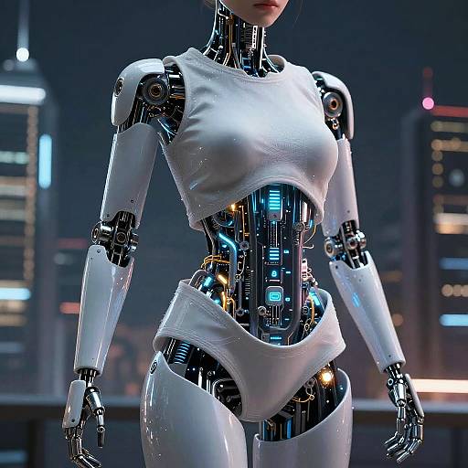 CGI image of a sleek, white, female humanoid robot with glowing blue internal circuitry, standing in a futuristic cityscape at night.