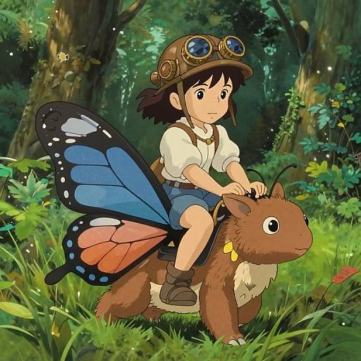 Anime-style drawing of a child with butterfly wings, brown goggles, white shirt, blue shorts, riding a brown, fluffy creature in a lush forest.