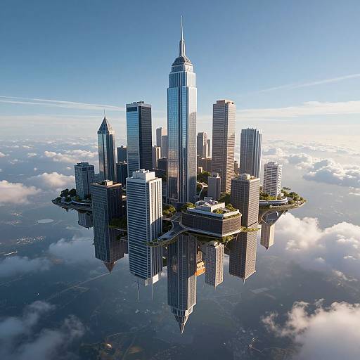 Digital rendering of a futuristic cityscape floating in the sky, featuring tall, reflective skyscrapers with a blue sky and clouds in the background.