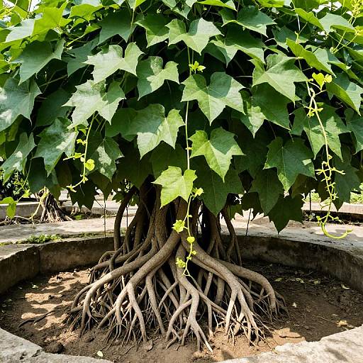 Photograph of a large tree with thick, exposed roots and dense, green leaves, standing in a circular, stone-lined pit. Sunlight filters through