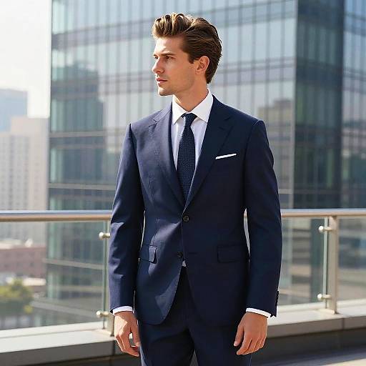 Photograph of a handsome young man with fair skin and styled brown hair, wearing a dark navy suit, white shirt, and black tie, standing on