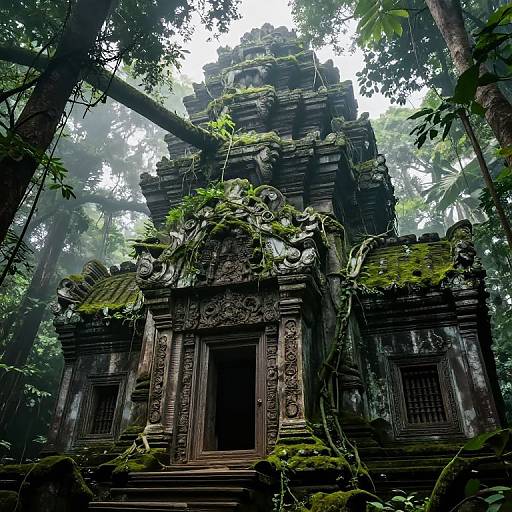 Photograph of a moss-covered, ancient stone temple deep in a lush, misty forest, with vines and tropical plants climbing its intricate, weathered