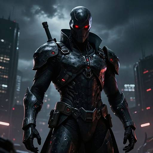 Digital art of a dark, armored cyborg with glowing red eyes standing in a futuristic cityscape at night, illuminated by city lights.