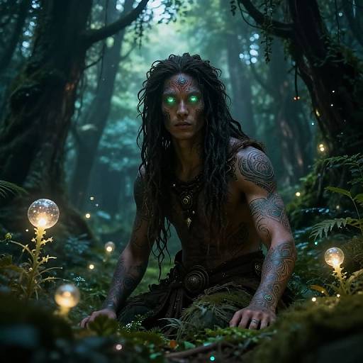 Photorealistic CGI of a tattooed, glowing-eyed forest creature with long dreadlocks, kneeling in a mystical, enchanted forest illuminated by glowing orbs.