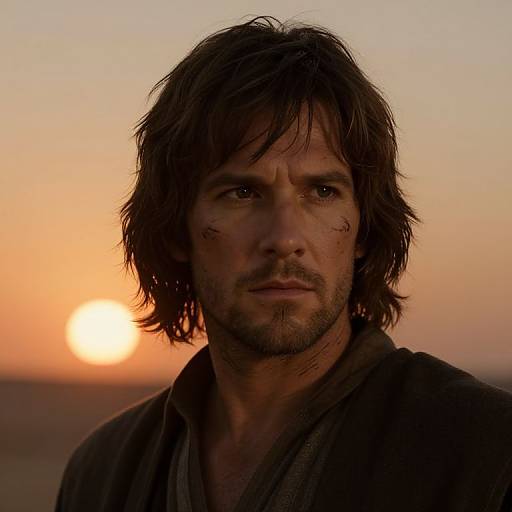 Photograph of a rugged, bearded man with messy brown hair, wearing a dark shirt, silhouetted against a vibrant sunset.