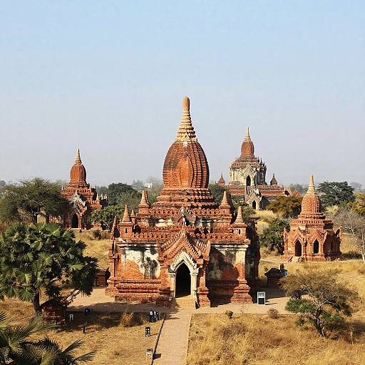 Sunlit Ancient Temple Complex with Stupas
