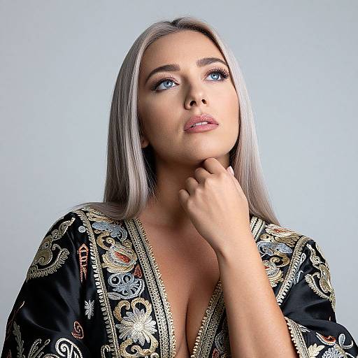 Photograph of a fair-skinned woman with long silver hair, blue eyes, and full lips, wearing an ornate black robe, looking upward with