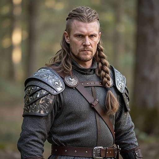 Photograph of a serious, muscular man with long braided hair wearing medieval armor with intricate silver shoulder plates in a forest.