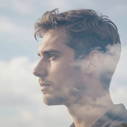 Photograph of a young, handsome man with tousled brown hair, side profile, light blue sky background, and wispy clouds partially obscuring his