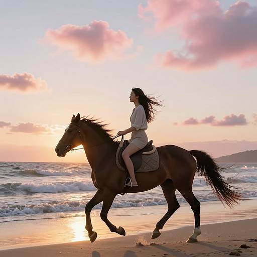 Woman Riding Horse on Beach at Sunset