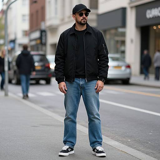 Photograph of a bearded man in black jacket, jeans, sneakers, and cap, standing on a city street with blurred background.