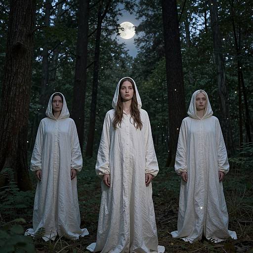 Photograph of three women in white, hooded, medieval-style robes standing in a dark, moonlit forest, with tall trees in the background.