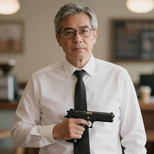 Serious Man with Handgun in Cafe