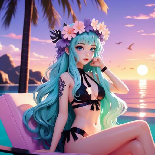 Serene Anime Girl at Sunset Beach Serene Anime Girl at Sunset Beach