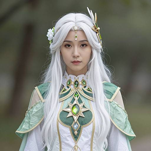 Photograph of an Asian woman in detailed white and green fantasy cosplay with long white hair, ornate jewelry, and green gemstones, set against a
