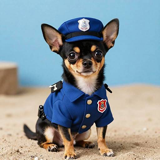 Photograph of a black and tan Chihuahua wearing a blue police uniform with badge, hat, and shoulder patches, sitting on sandy ground against