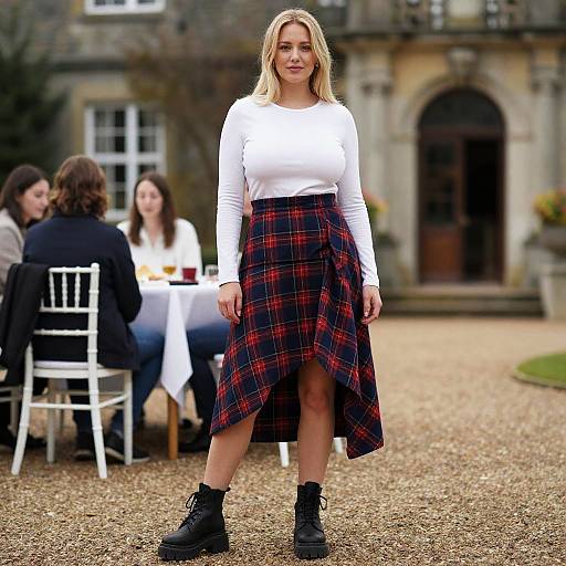 Photograph of a blonde woman in a white long-sleeve top and red plaid skirt with black boots, standing on a gravel path outside a