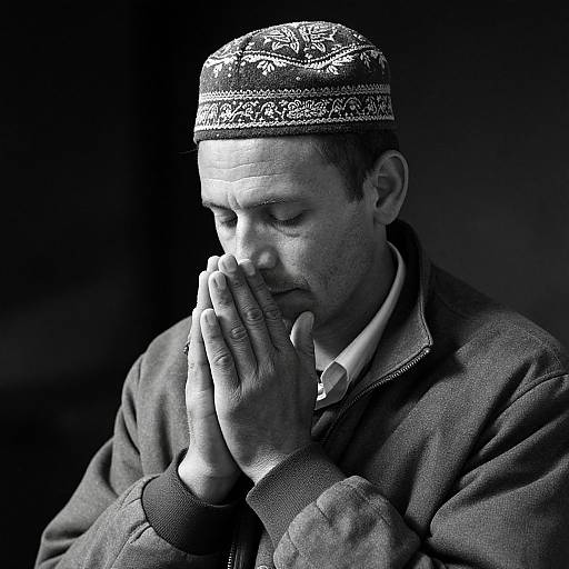 Black-and-white photograph of a middle-aged man with a patterned cap, eyes closed, hands in prayer, wearing a zip-up jacket, against a