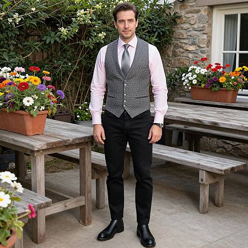 Photograph of a handsome man with short brown hair, in a white shirt and black-and-gray vest, standing in a garden with colorful flower pots and