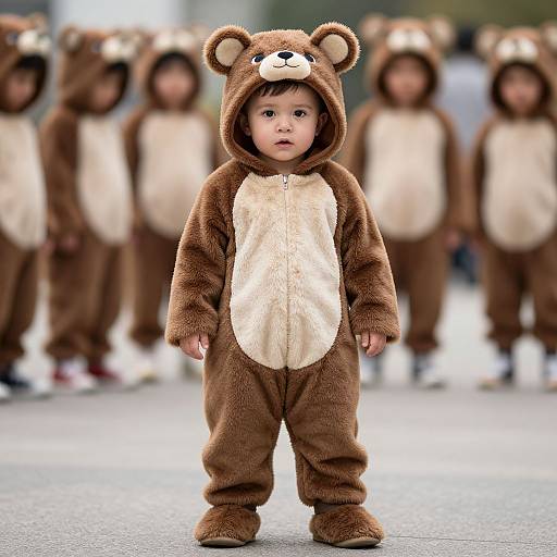 Photograph of a young Asian boy in a brown bear costume with white belly, standing in a blurred outdoor group.