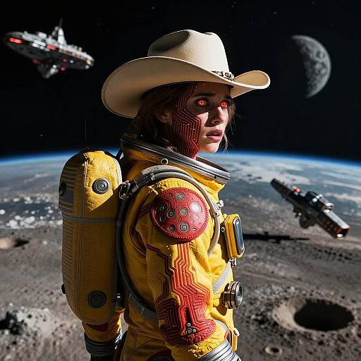 CGI image of a cybernetic, red-eyed woman in a yellow spacesuit and cowboy hat, standing on a moon with a spaceship and planet