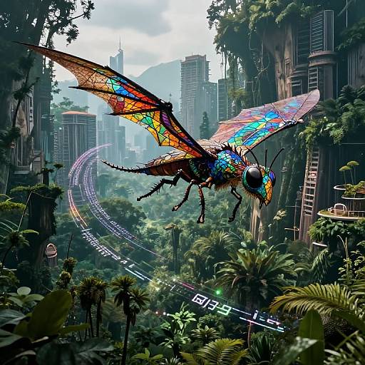 Digital art of a vibrant, stained-glass winged insect soaring over a lush, futuristic jungle cityscape with neon-lit, winding pathways.