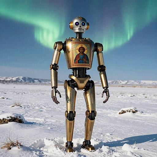Photorealistic Droid in Snowy Tundra