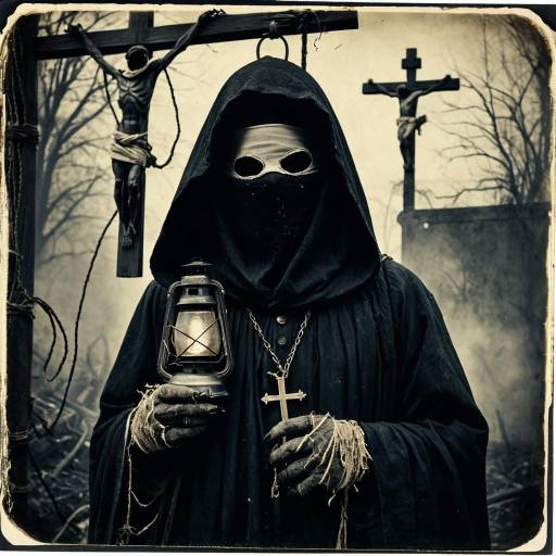 Hooded Figure with Lantern and Blindfold in Gothic Setting