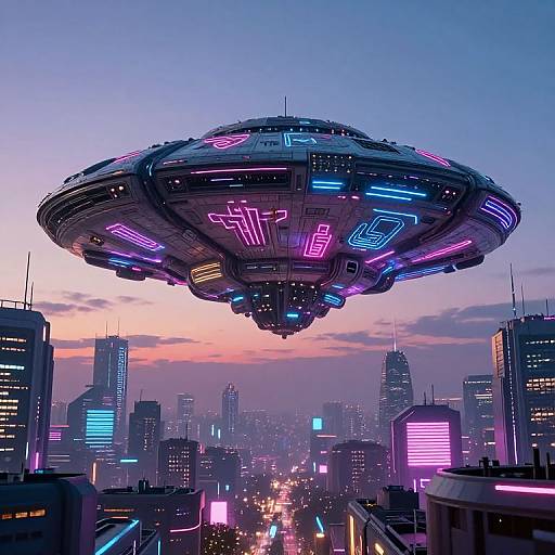 Cyberpunk Alien Ship Over Futuristic City
