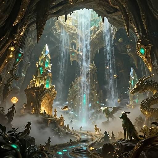 Fantasy cave with glowing crystals, cascading waterfalls, and illuminated structures. Silhouetted creatures and adventurers navigate misty, luminescent