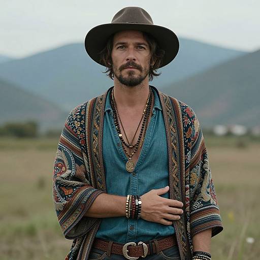 Photograph of a bearded man with wavy hair, wearing a brown hat, blue shirt, and patterned poncho, standing in a grass
