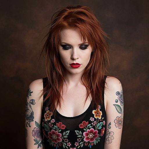 Photograph of a pale-skinned, red-haired woman with black eyeliner, red lipstick, floral tattoo sleeve, and black floral tank top against a
