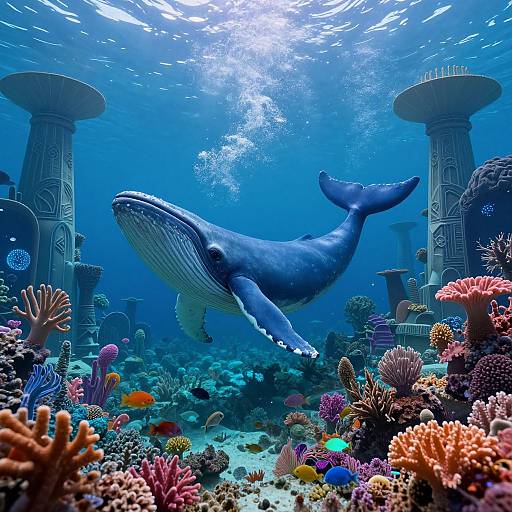 Photograph of a massive blue whale swimming through a vibrant underwater coral reef with colorful corals and two ancient, stone-like pillars. Sunlight filters from