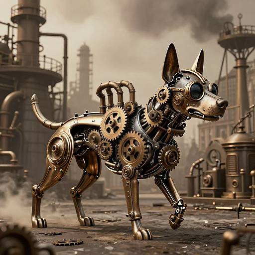 Steampunk-style, robotic dog with brass gears and mechanical parts, standing in a dusty industrial factory with pipes and smokestacks. Digital art.