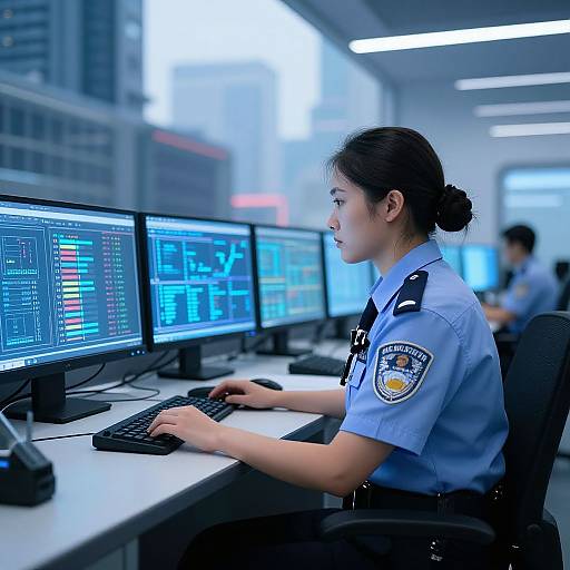 Photograph of an Asian female police officer with dark hair in a bun, wearing a light blue uniform, typing on multiple computer monitors in a brightly lit