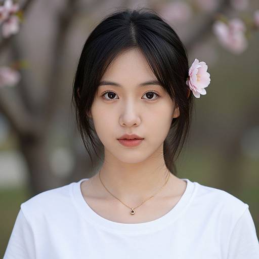 Photograph of an East Asian woman with fair skin, black hair, and a pink flower in her hair, wearing a white shirt, standing in a