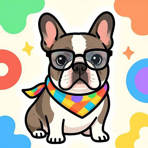 Digital drawing of a brown and white French Bulldog with large black glasses, rainbow scarf, and colorful background with circles and stars.
