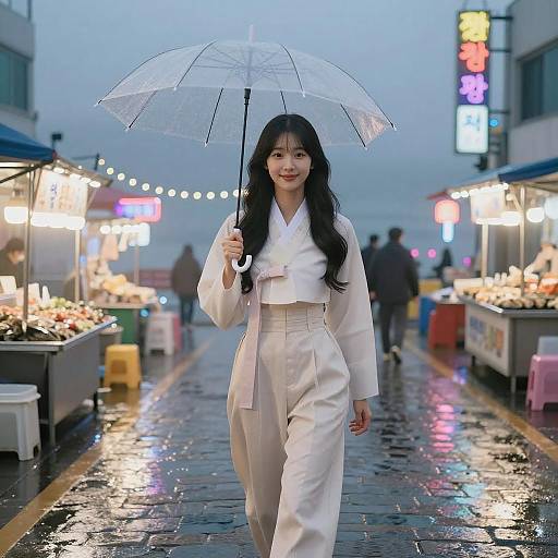 Elegant Korean Woman in Neon-lit Street