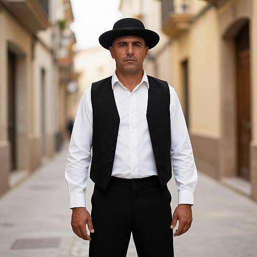 Photograph of a serious, middle-aged man in a white shirt, black vest, and black pants, wearing a black hat, standing in a narrow