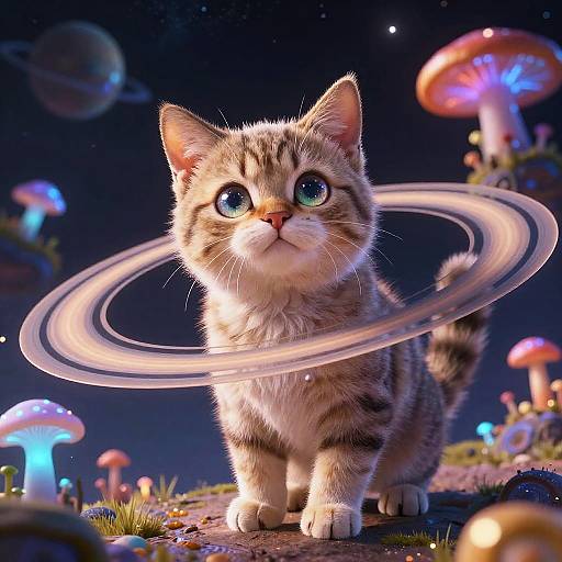 Whimsical Alien Cat on Saturn with Glowing Rings