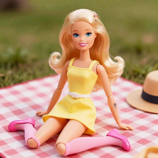 Blonde Barbie Doll on Picnic Blanket