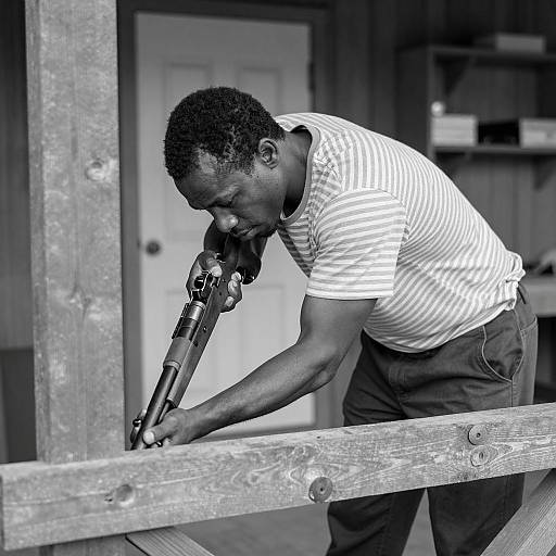 Man Adjusting Rifle in Wooden Structure