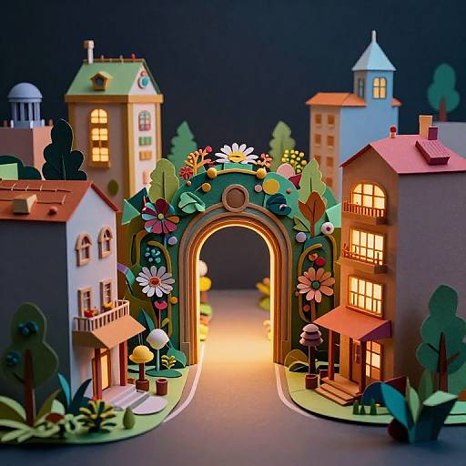Photograph of colorful, 3D paper-crafted village with an arched floral gateway, lit houses, and vibrant flowers under a dark blue night