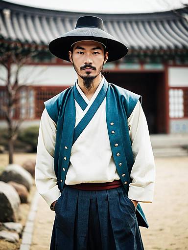 Korean Man in Traditional Hanbok Outdoors
