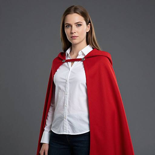 Photograph of a young woman with straight brown hair, wearing a white button-up shirt, black pants, and a vibrant red cape, standing against a